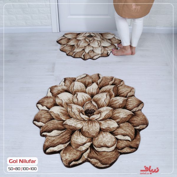 فرش سه بعدی زرباف طرح گل نیلوفر رنگ شکلاتی